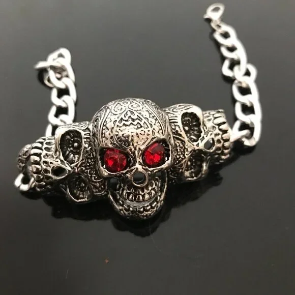 COPY - Skull  Bracelet Mens Biker Silver Rock Goth Moto Gothic Motorcycle Hallo… - Picture 6 of 6